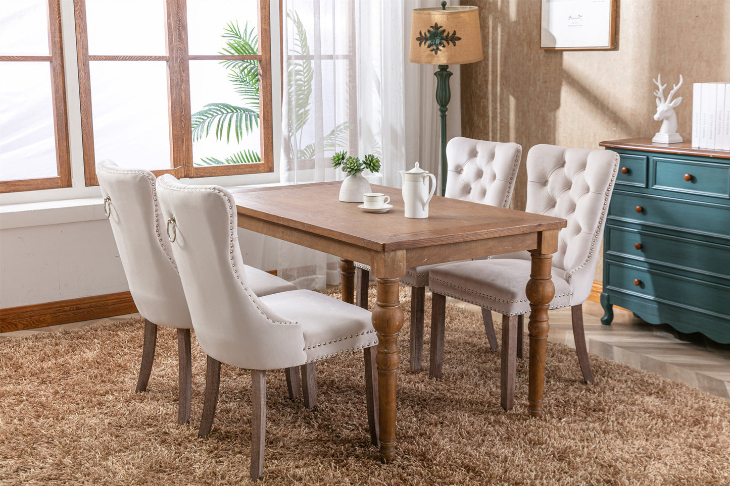 A&A Furniture,Nikki Collection Modern, High-end Tufted Solid Wood Contemporary Velvet Upholstered Dining Chair with Wood Legs Nailhead Trim  2-Pcs Set，Beige