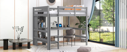 Full Size Loft Bed with Multifunction Shelves and Under-bed Desk, Gray