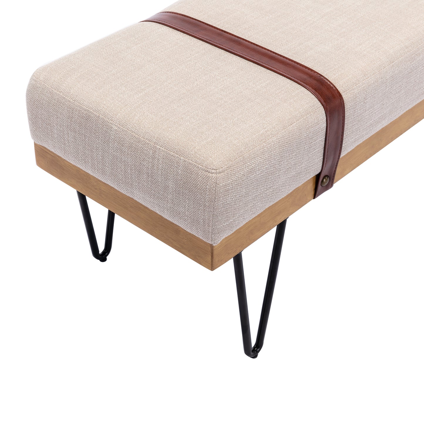 Linen Fabric soft cushion Upholstered solid wood frame Rectangle bed bench with powder coating metal legs ,Entryway footstool