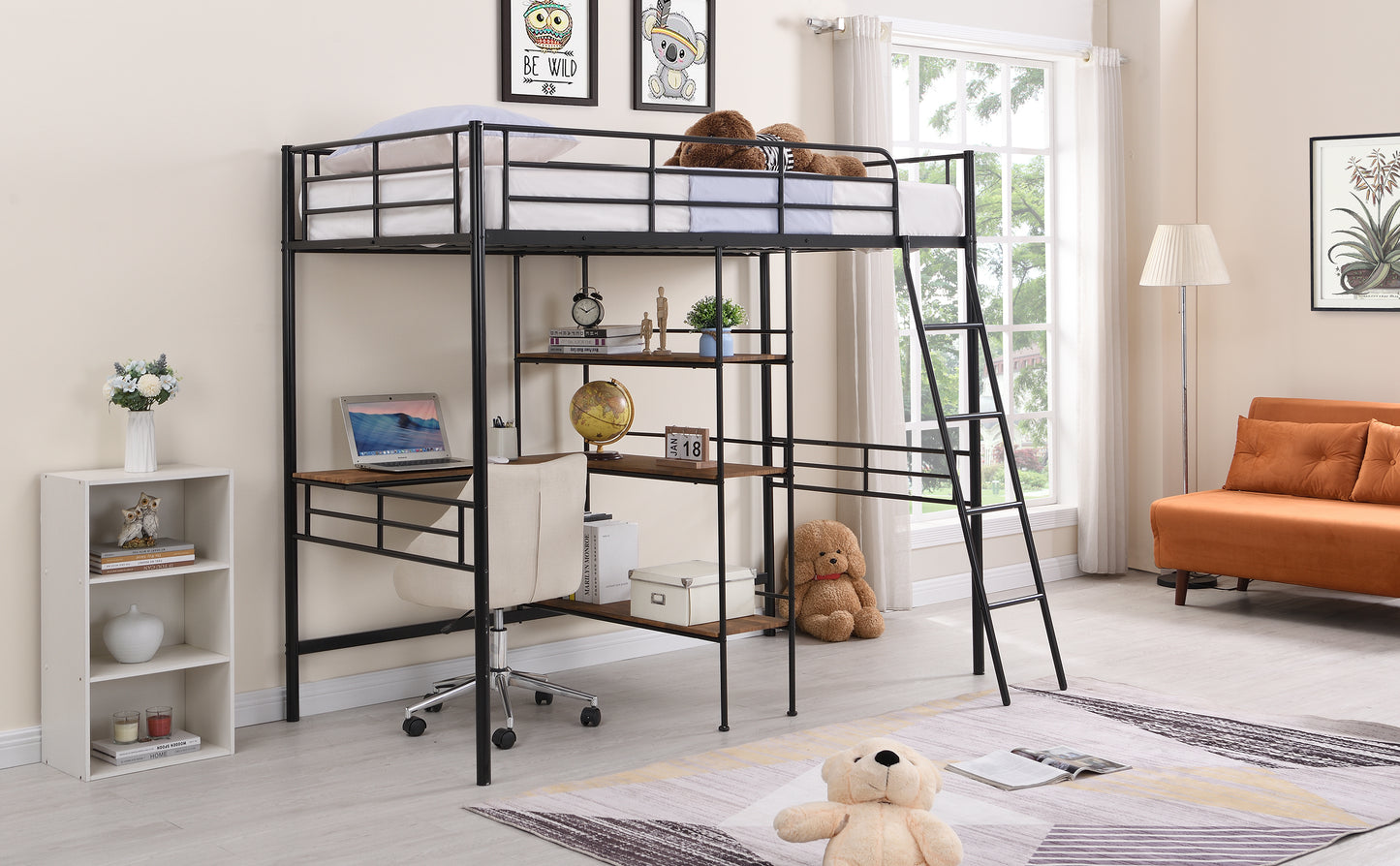 Twin Size Metal Loft Bed and Built-in Desk and Shelves,Black(OLD DKU:WF280270AAB)