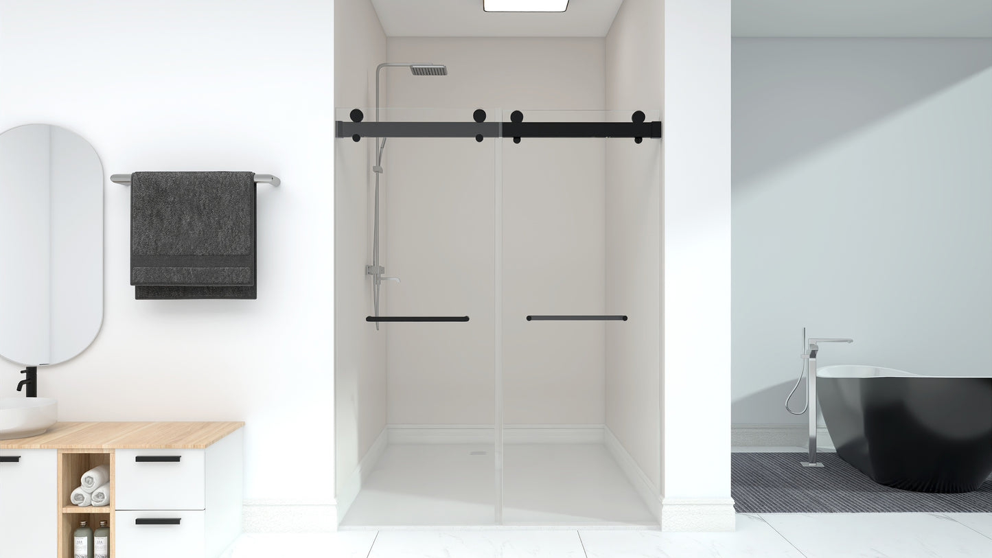 Frameless Double Sliding Shower, 57" - 60" Width, 79" Height, 3/8" (10 mm) Clear Tempered Glass, , Designed for Smooth Door Closing With Upgraded Crashproof System Technology Matte Black Finish