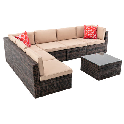 7Pcs Outdoor Garden Patio Furniture  PE Rattan Wicker  Sectional Cushioned Sofa Sets with 2 Pillows and Coffee Tablemodular sectional sofa sets