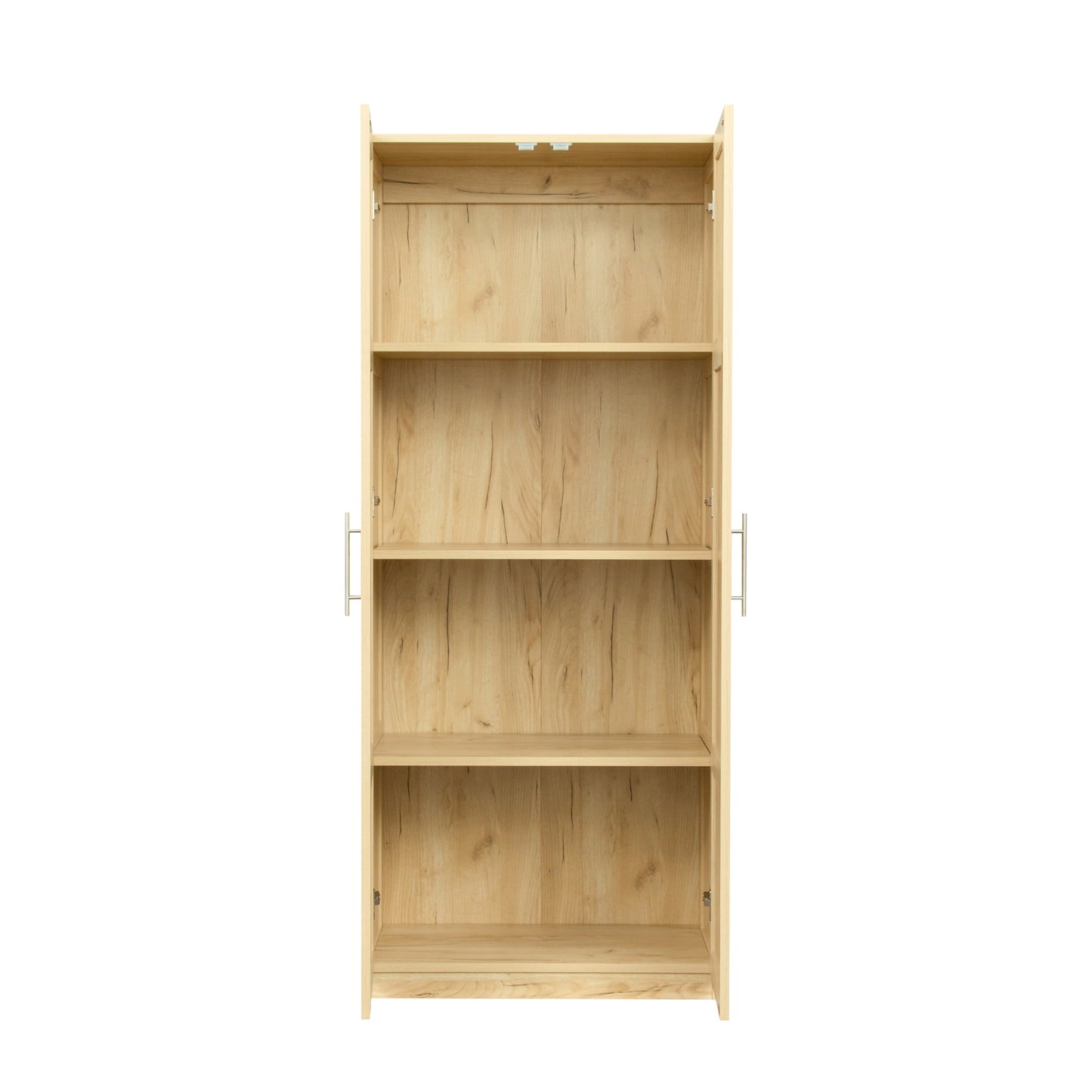 High wardrobe and kitchen cabinet with 2 doors and 3 partitions to separate 4 storage spaces, oak