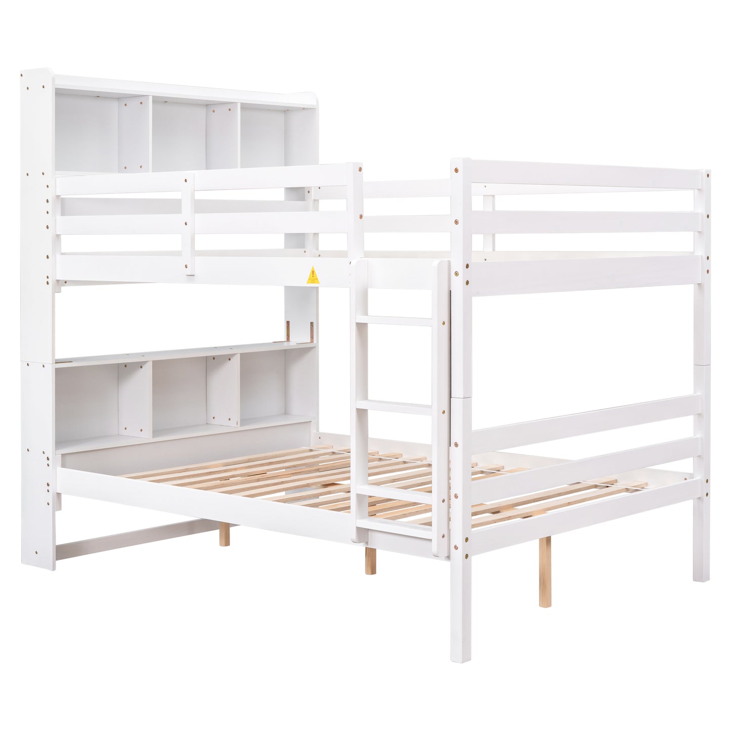 Full Over Full Bunk Beds with Bookcase Headboard, Solid Wood Bed Frame with Safety Rail and Ladder, Kids/Teens Bedroom, Guest Room Furniture, Can Be converted into 2 Beds, White