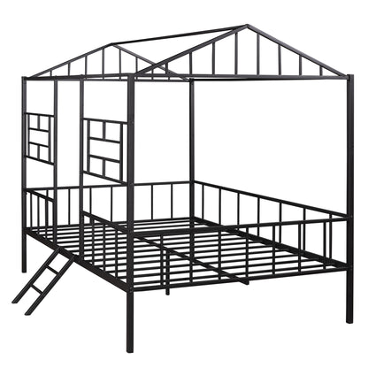 Metal House Bed Frame Full Size with Slatted Support No Box Spring Needed Black