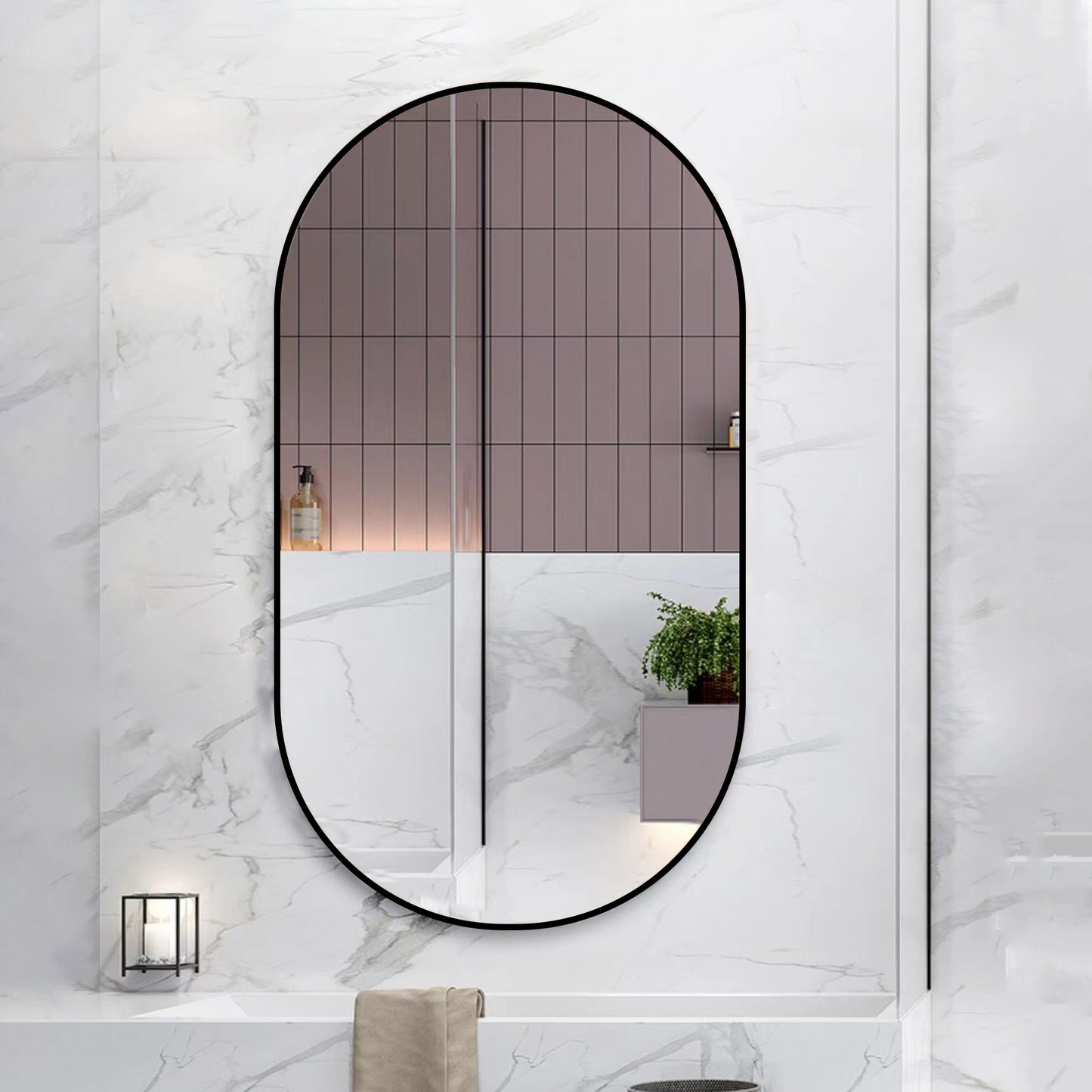 Wall Mounted Mirror, 36’’x18’’ Oval Bathroom Mirror, Black Vanity Wall Mirror w/ Stainless Steel Metal Frame & Pre-Set Hooks for Vertical & Horizontal Hang, Ideal for Bedroom, Bathroom