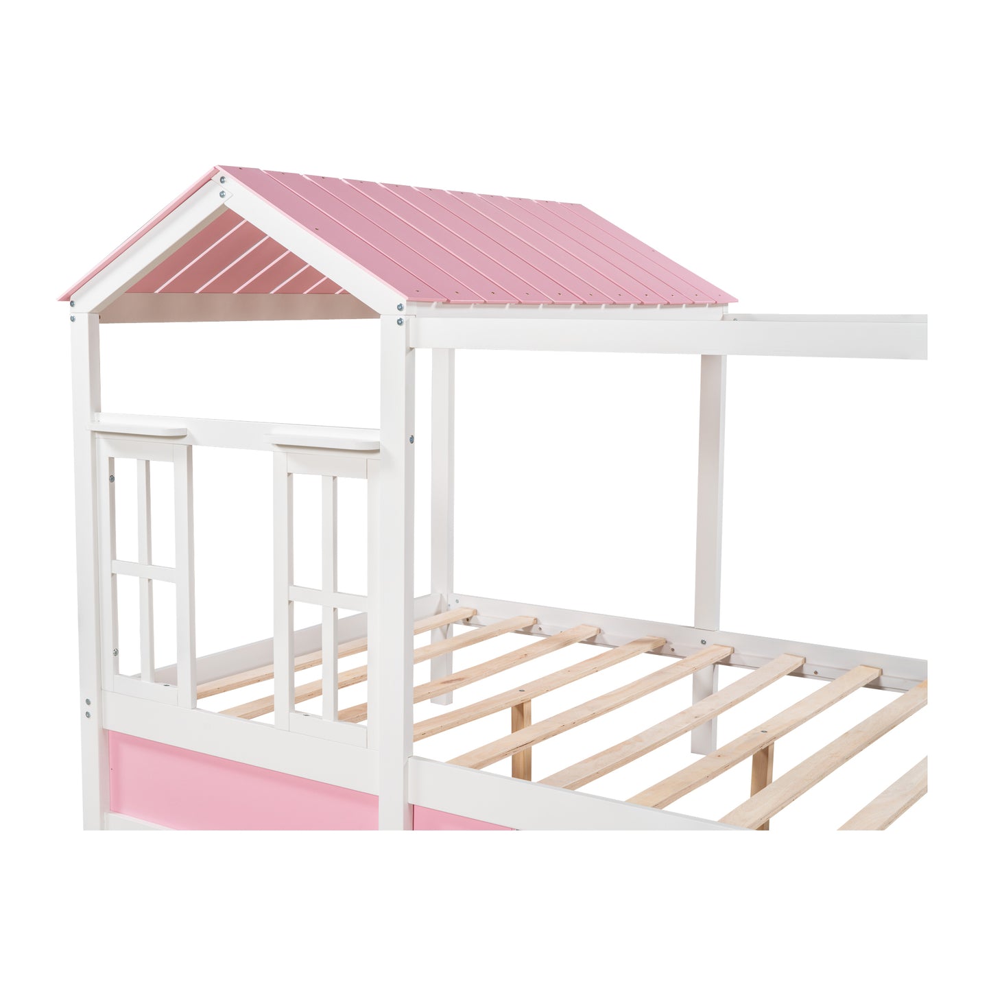 Full Size House Bed with Roof, Window and Drawer - Pink + White