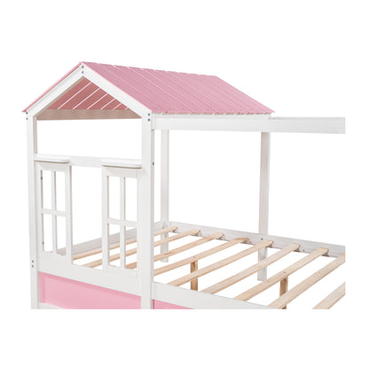 Full Size House Bed with Roof, Window and Drawer - Pink + White