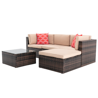 5Pcs Outdoor Garden Patio Furniture  PE Rattan Wicker  Sectional Cushioned Sofa Sets with 2 Pillows and Coffee Table