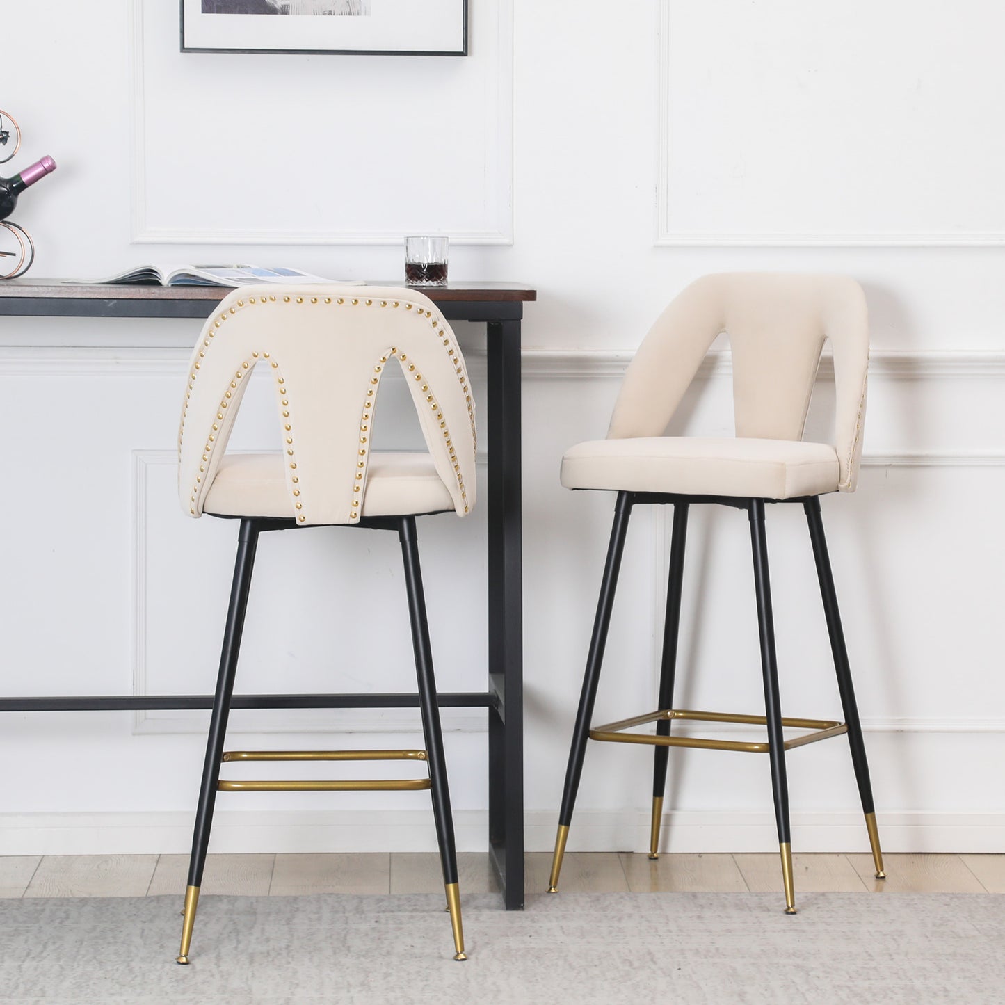 A&A Furniture,Akoya Collection Modern | Contemporary Velvet Upholstered Connor 28" Bar Stool & Counter Stools with Nailheads and Gold Tipped Black Metal Legs,Set of 2 (Beige)