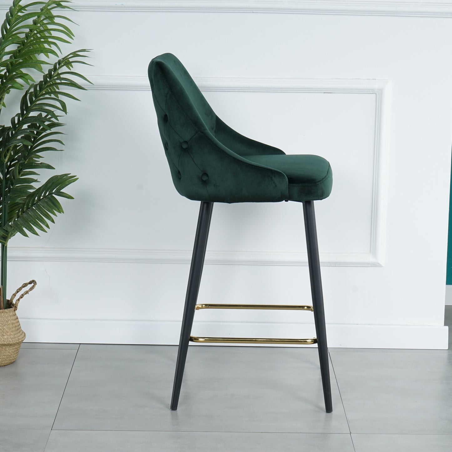 Luxury Modern Green Velvet Upholstered High Bar Stool Chair With Gold Legs(set of 2)