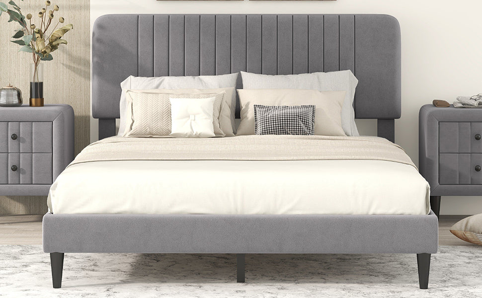 Queen Size Upholstered Platform Bed,No Box Spring Needed, Velvet Fabric,Gray