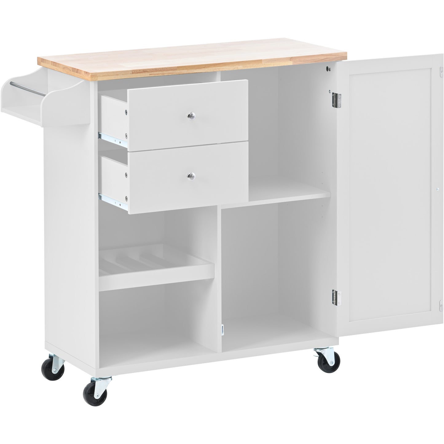 K&K Store Kitchen Cart with Spice Rack ,Towel Rack & Two Drawers,Rubber wood top,Kitchen Island with 4 Wheels for Dining Rooms Kitchens Living Rooms, White