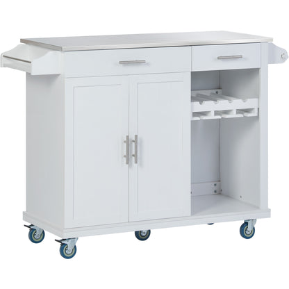 K&K Kitchen Cart with Stainless Steel Top and Storage Cabinet, Kitchen Island on Wheels with Two Drawers & Goblet Holder & Wine Rack & Spice Rack & Towel Holder, L51xW18xH37 Inches