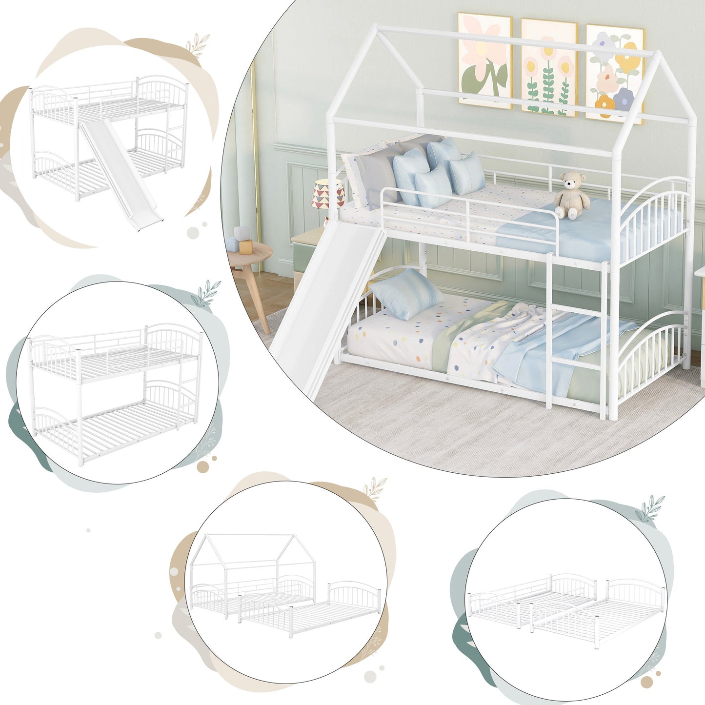 Twin Over Twin Metal Bunk Bed With Slide,Kids House Bed White