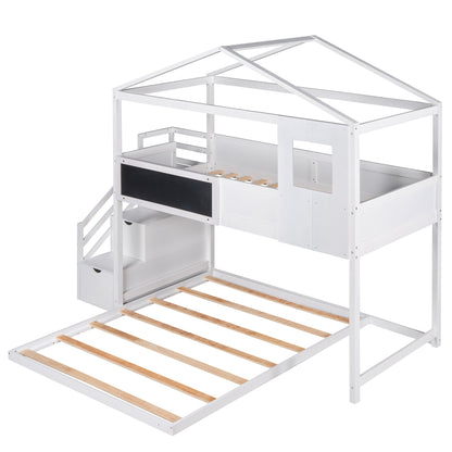 Twin over Full House Bunk Bed with Storage Staircase and Blackboard,White