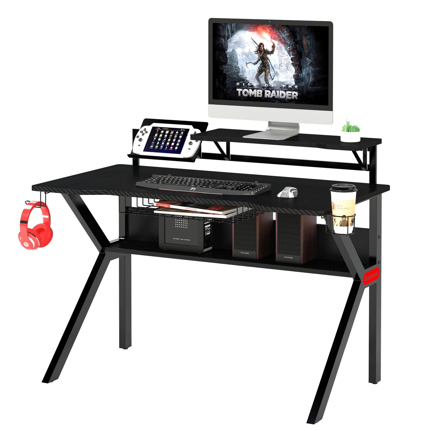 PVC Coated Ergonomic Metal Frame Gaming Desk with K Shape Legs, Black