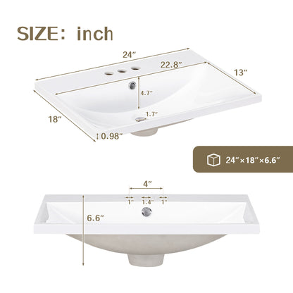 24" Bathroom Vanity Top Only, White Basin, 3-Faucet Holes, 4" Faucet Available, Ceramic