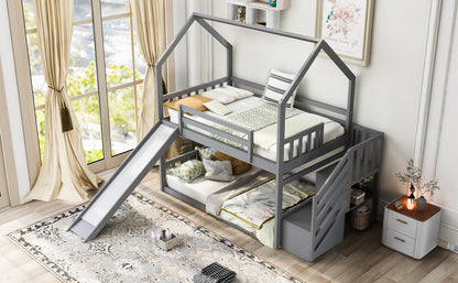 Twin over Twin House Bunk Bed with Convertible Slide,Storage Staircase can be Placed Left or Right,Gray