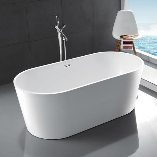 59" 100% Acrylic Freestanding Bathtub Contemporary Soaking Tub with Brushed Nickel Overflow and Drain