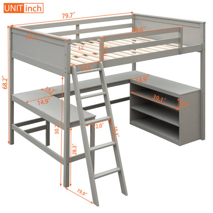 Full size Loft Bed with Shelves and Desk, Wooden Loft Bed with Desk - Gray