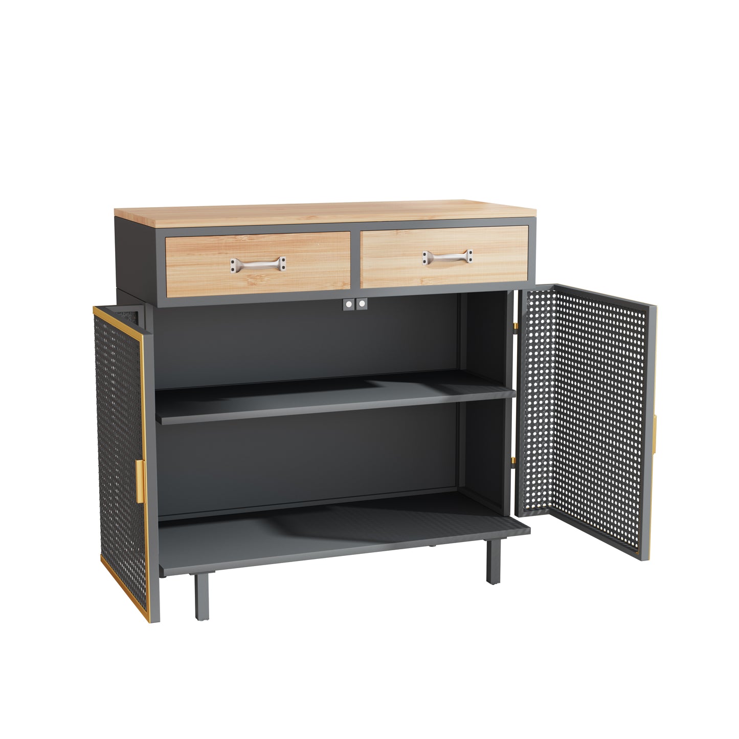 31.5'' Wide 2 Drawer Sideboard, Modern Furniture Decor，Made with Iron + Carbonized Bamboo，Easy Assembly