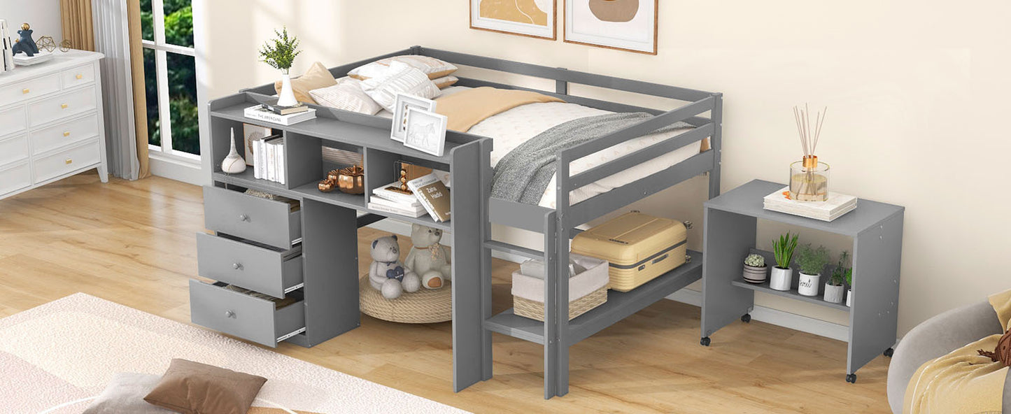 Full Size Low Loft Bed with Rolling Portable Desk, Drawers and Shelves,  Gray