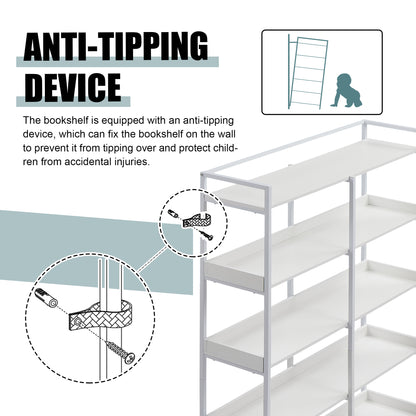 70.8 Inch Tall Bookshelf MDF Boards Stainless Steel Frame, 6-tier Shelves with Back&Side Panel, Adjustable Foot Pads, White
