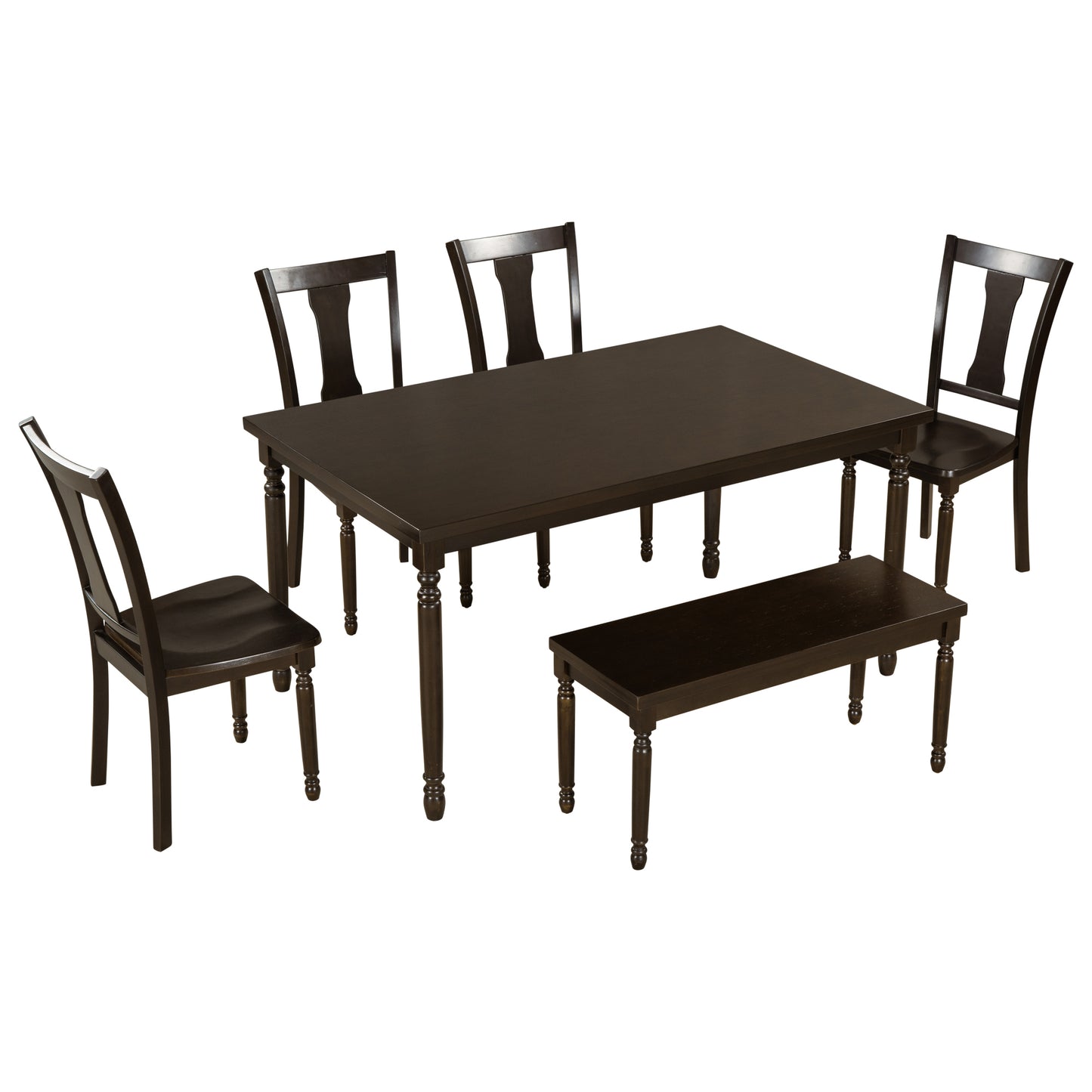 TREXM Classic 6-Piece Dining Set Wooden Table and 4 Chairs with Bench for Kitchen Dining Room (Espresso)