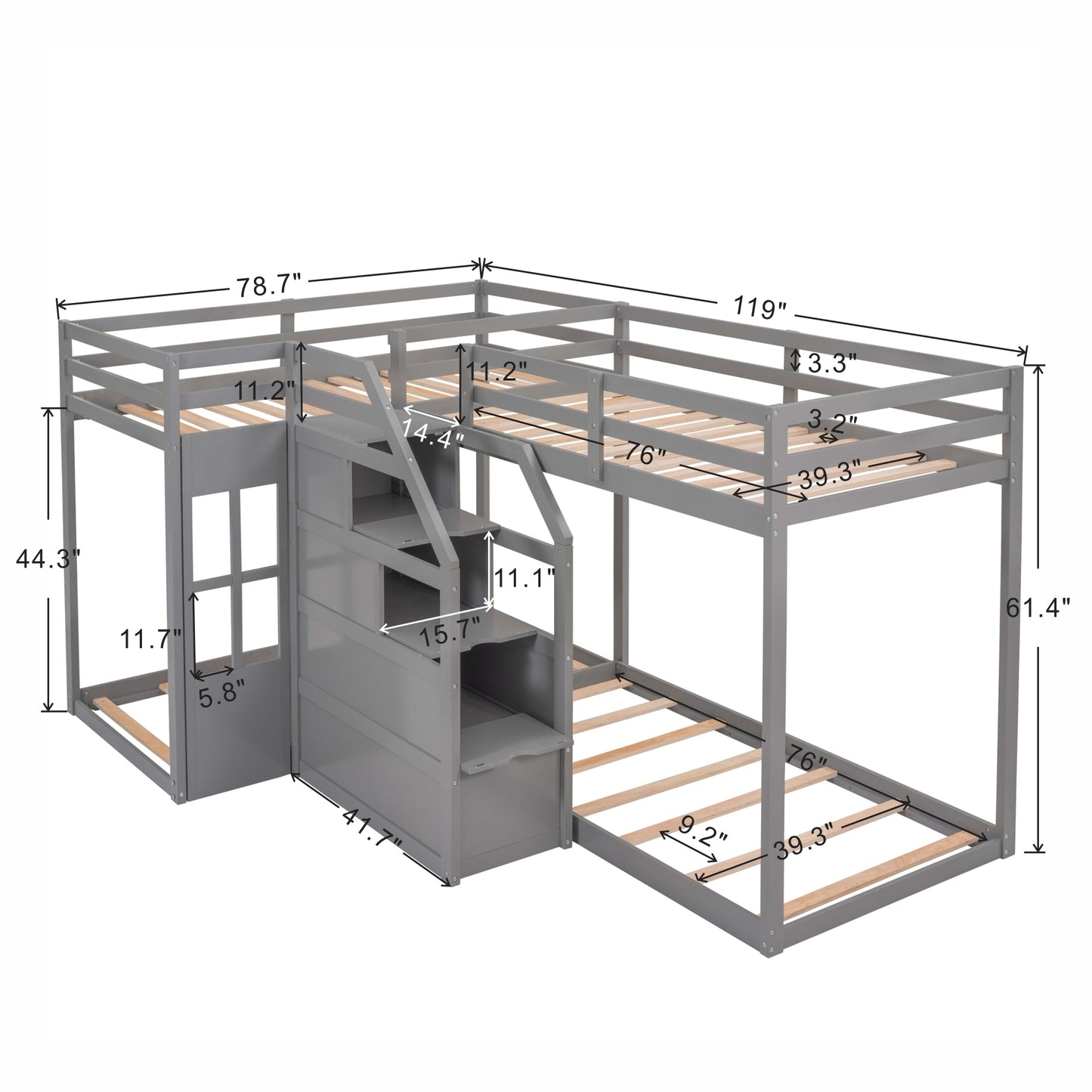 Twin over Twin L-Shaped Bunk Bed with Built-in Middle Staircase,Gray