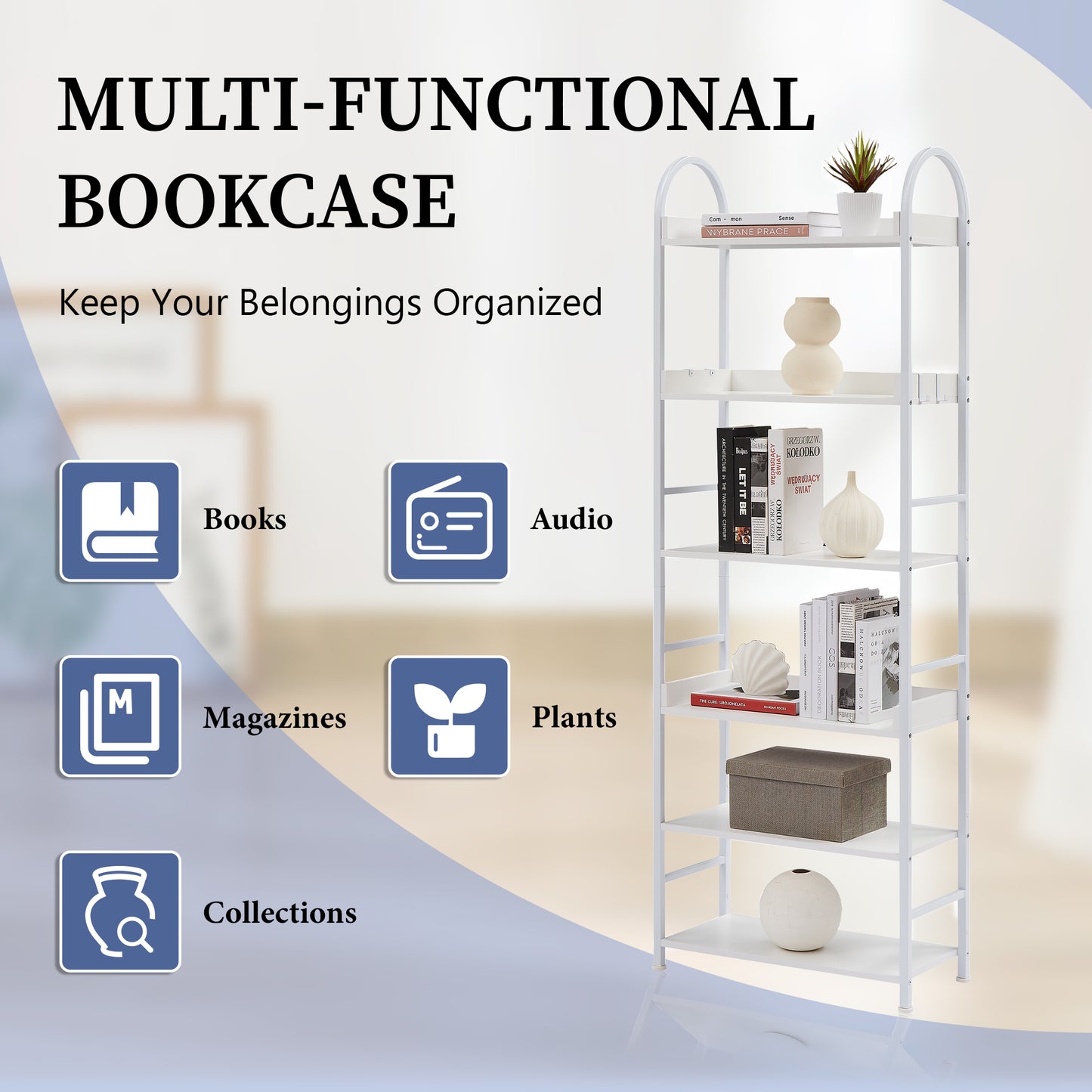 70.8 Inch Tall Bookshelf, 6-tier Shelves with Round Top Frame, MDF Boards, Adjustable Foot Pads, White