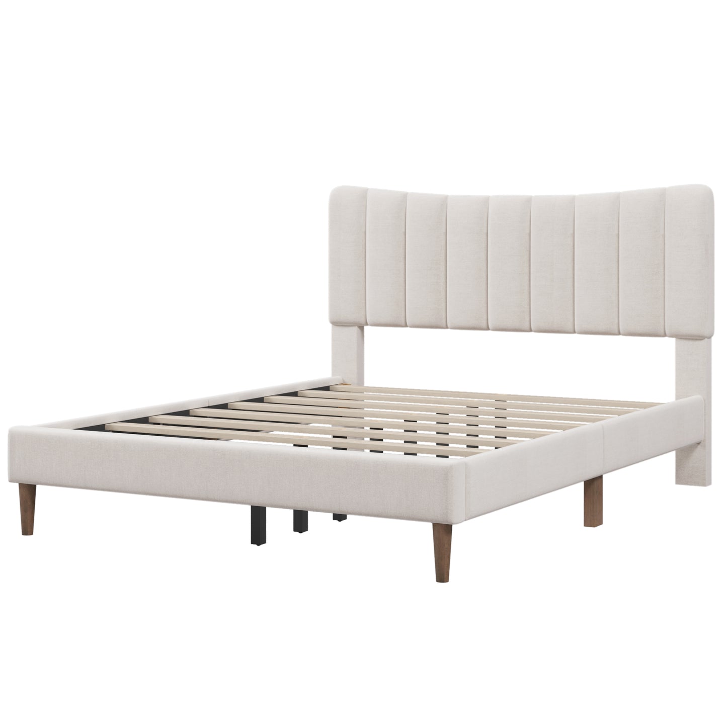 Upholstered Platform Bed Frame with Vertical Channel Tufted Headboard, No Box Spring Needed, Queen,Cream