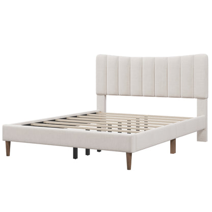 Upholstered Platform Bed Frame with Vertical Channel Tufted Headboard, No Box Spring Needed, Queen,Cream