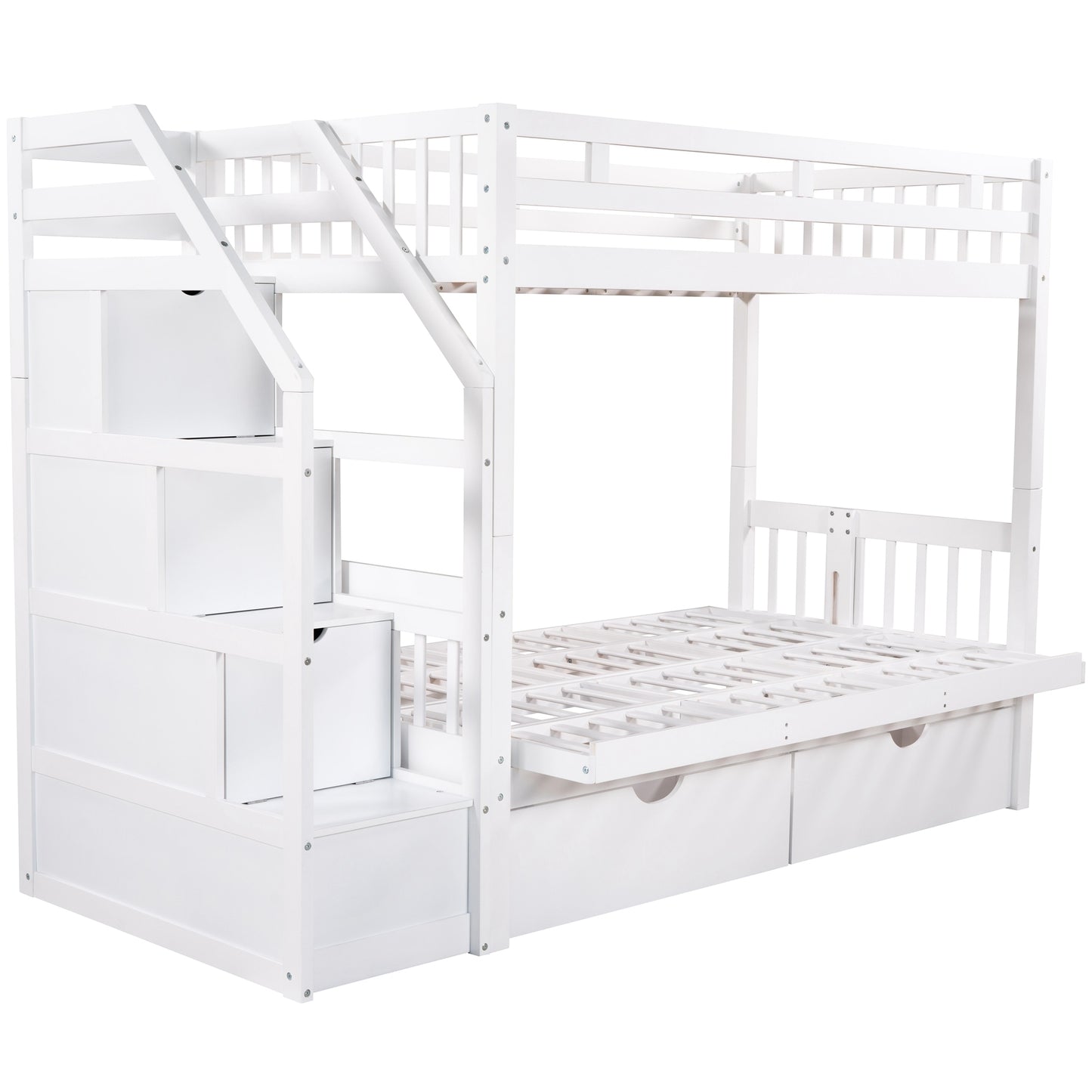 Twin over Full Bunk Bed with Two Drawers and Staircase, Down Bed can be Converted into Daybed,White