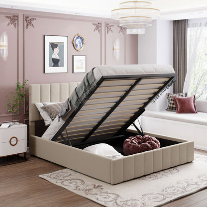 Queen size Upholstered Platform bed with a Hydraulic Storage System - Beige