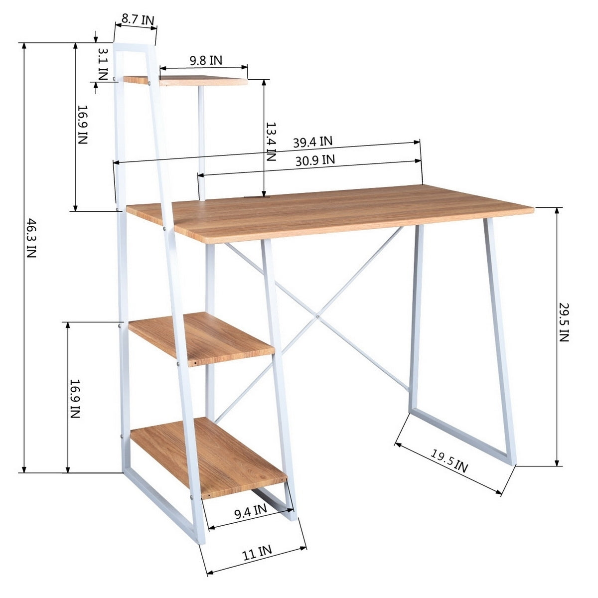 39.4"W X 19.5"D X 29.5"-46.3"H 4 Tier Storage Shelf Computer Desk, OAK & WHITE