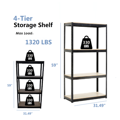 Storage Rack Shelving Unit Storage Shelf Steel Garage Utility Rack 4-Shelf Adjustable Shelves Heavy Duty Display Stand for Books, Kitchenware, Tools Bolt-Free Assembly 31.49"x 14.47"x 59” （Black）