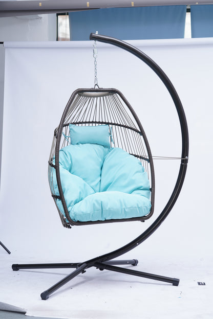 Patio Wicker folding Hanging Chair,Rattan Swing Hammock Egg Chair with C Type bracket , with cushion and pillow,for Indoor,Outdoor，Blue