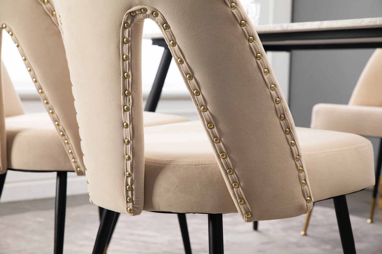 A&A Furniture,Akoya Collection Modern | Contemporary Velvet Upholstered Dining Chair with Nailheads and Gold Tipped Black Metal Legs, Beige, Set of 2