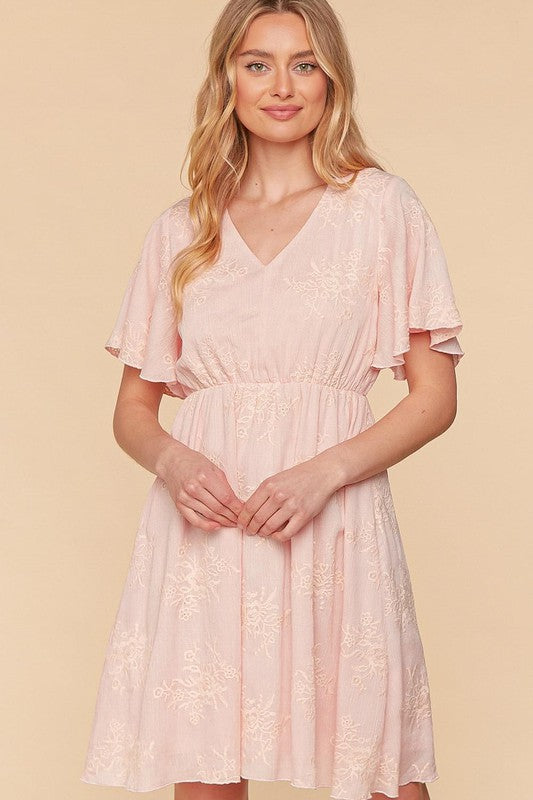 CRINKLE EMBROIDERED FLARE WOVEN DRESS