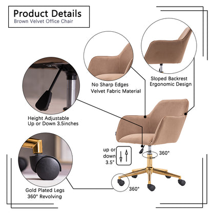 Modern Velvet Fabric Material Adjustable Height 360 revolving Home Office Chair with Gold Metal Legs and Universal Wheels for Indoor,Light Coffee Brown