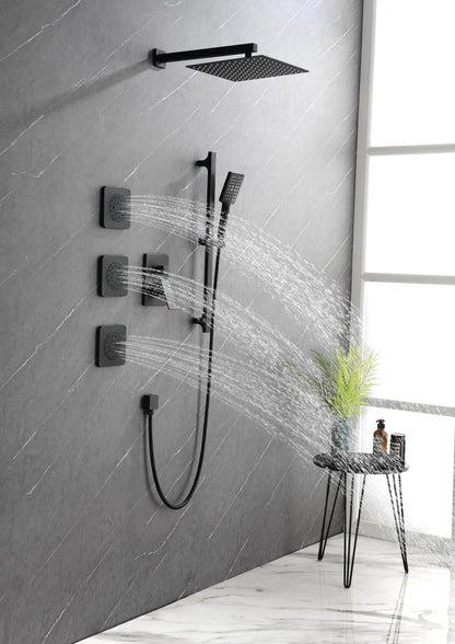 Shower System with Shower Head, Hand Shower, Slide Bar, Bodysprays, Shower Arm, Hose, Valve Trim, and Lever Handles