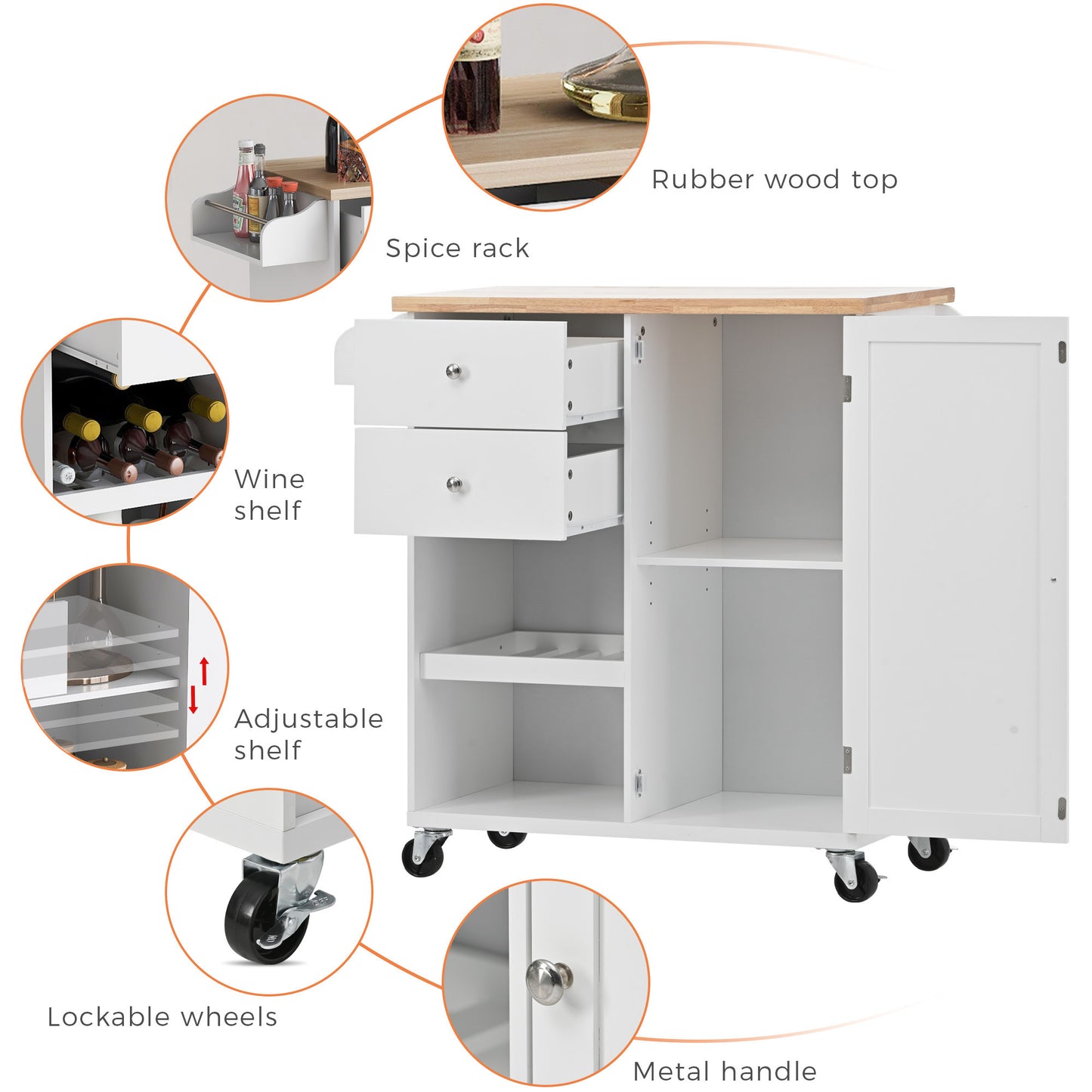 K&K Store Kitchen Cart with Spice Rack ,Towel Rack & Two Drawers,Rubber wood top,Kitchen Island with 4 Wheels for Dining Rooms Kitchens Living Rooms, White