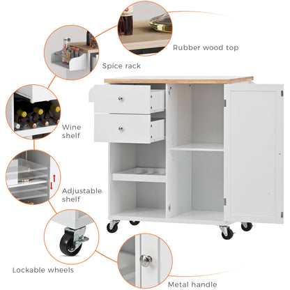 K&K Store Kitchen Cart with Spice Rack ,Towel Rack & Two Drawers,Rubber wood top,Kitchen Island with 4 Wheels for Dining Rooms Kitchens Living Rooms, White