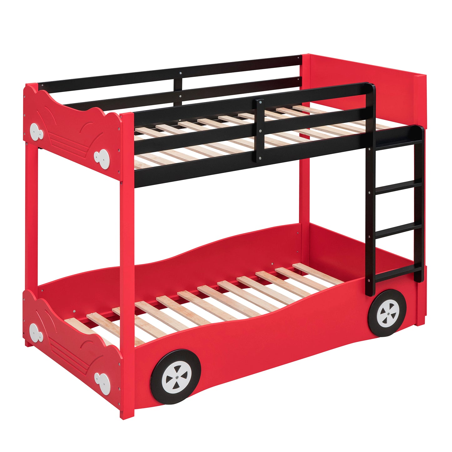 Twin Size Car-Shaped Bunk Bed with Wheels, Red