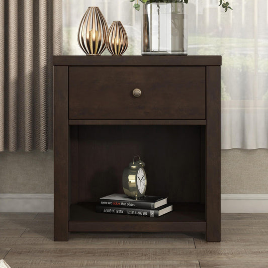 Vintage Aesthetic 1 Drawer Solid Wood Nightstand Sofa End Table in Rich Brown (Nightstand of Freely Configurable Bedroom Sets)