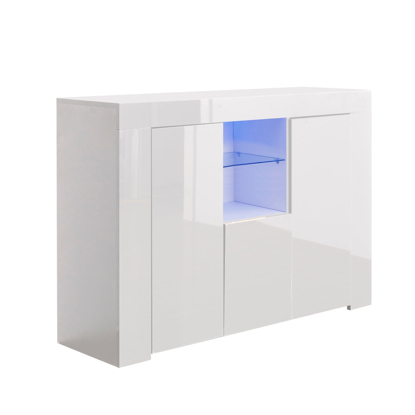 Kitchen Sideboard Cupboard with LED Light, White High Gloss Dining Room Buffet Storage Cabinet Hallway Living Room TV Stand Unit Display Cabinet with Drawer and 2 Doors