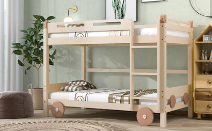 Twin Size Car-Shaped Convertible Bunk Bed, White, Natural+Brown