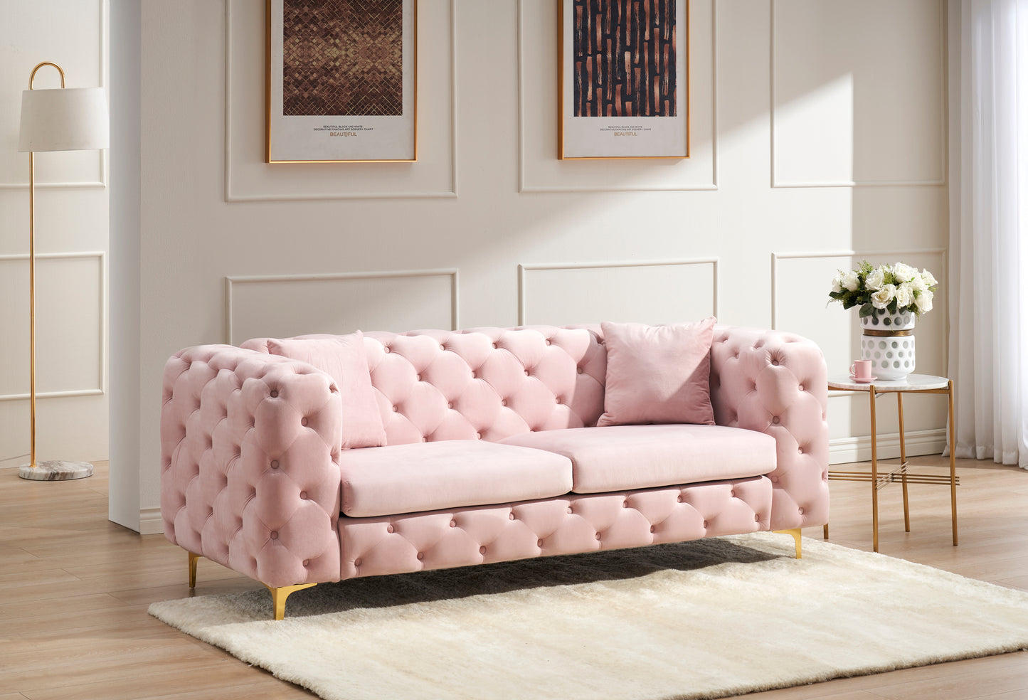 New design comfortable pink loveseat with two throw pillows in the same color