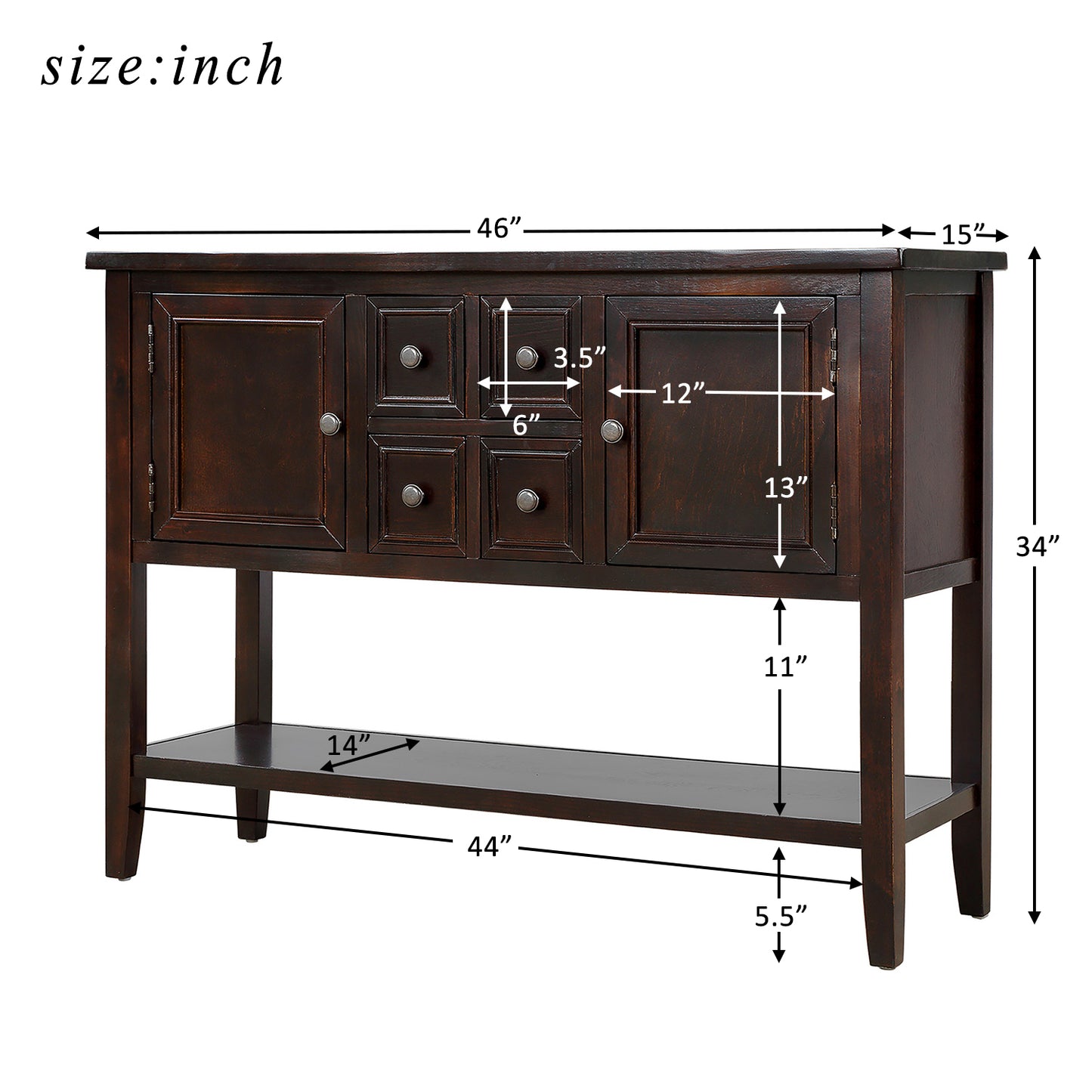 TREXM  Cambridge Series Buffet Sideboard Console Table with Bottom Shelf (Espresso)